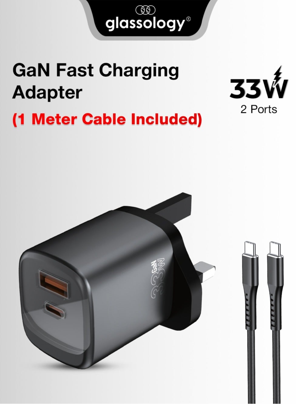 33W USB-C GaN Fast Charger, 2-Port Wall Charger (Type-C + USB-A), Compatible with All iPhone Models, iPad, Galaxy Series, Free Type-C to Type-C Cable Included